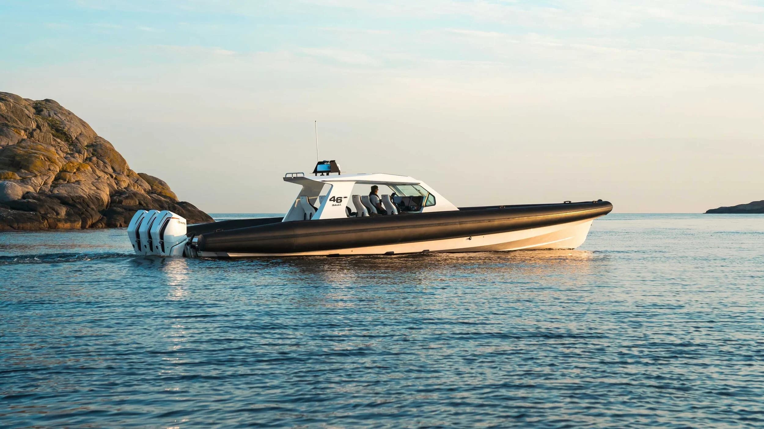 Goldfish 46 Bullet RIB running at speed on open water, exterior starboard view