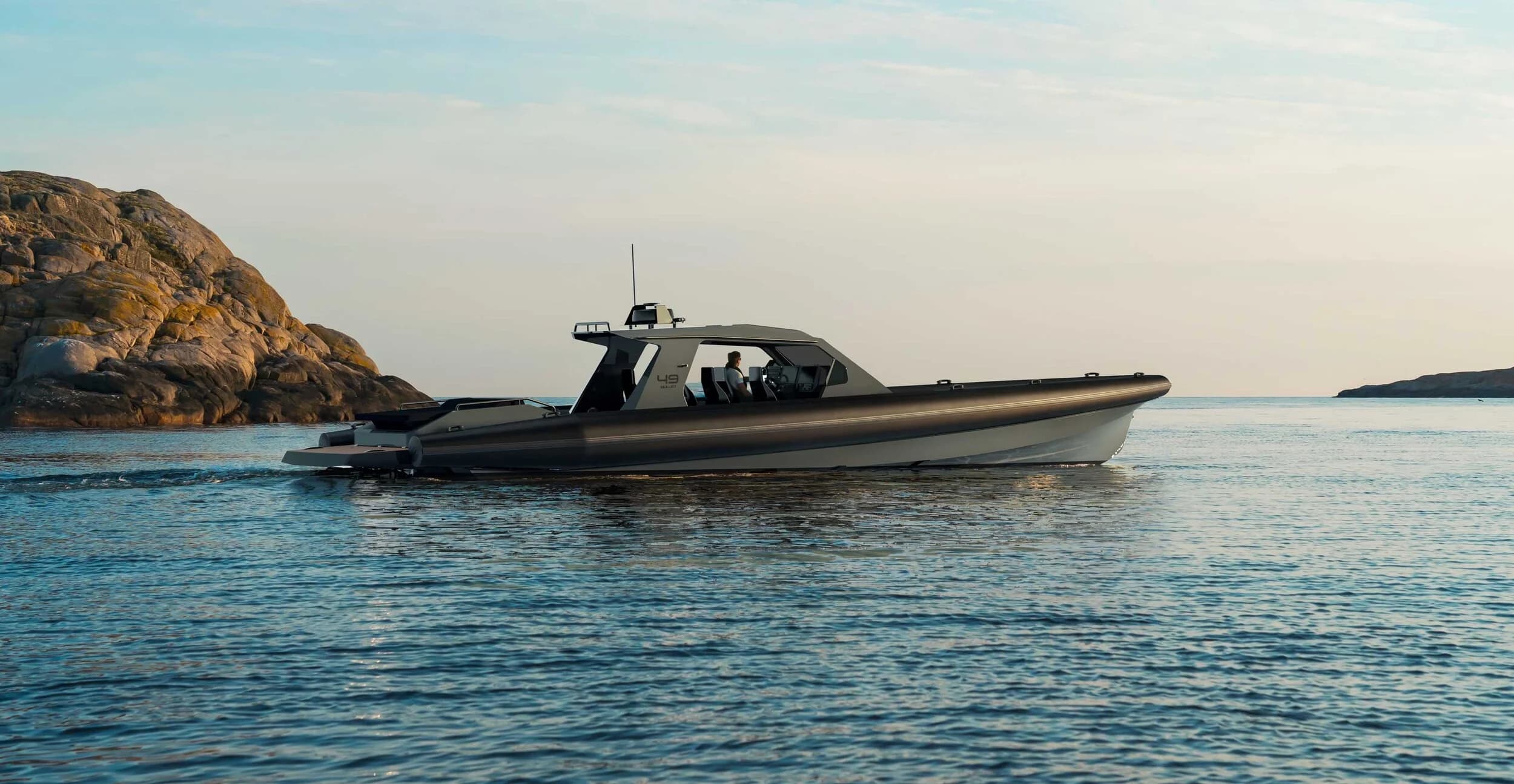 Goldfish 49 Bullet high-performance RIB underway at speed, exterior scene view