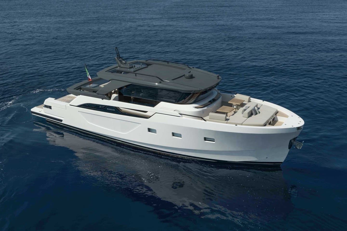 Bluegame BGX63 exterior view, full-length starboard side