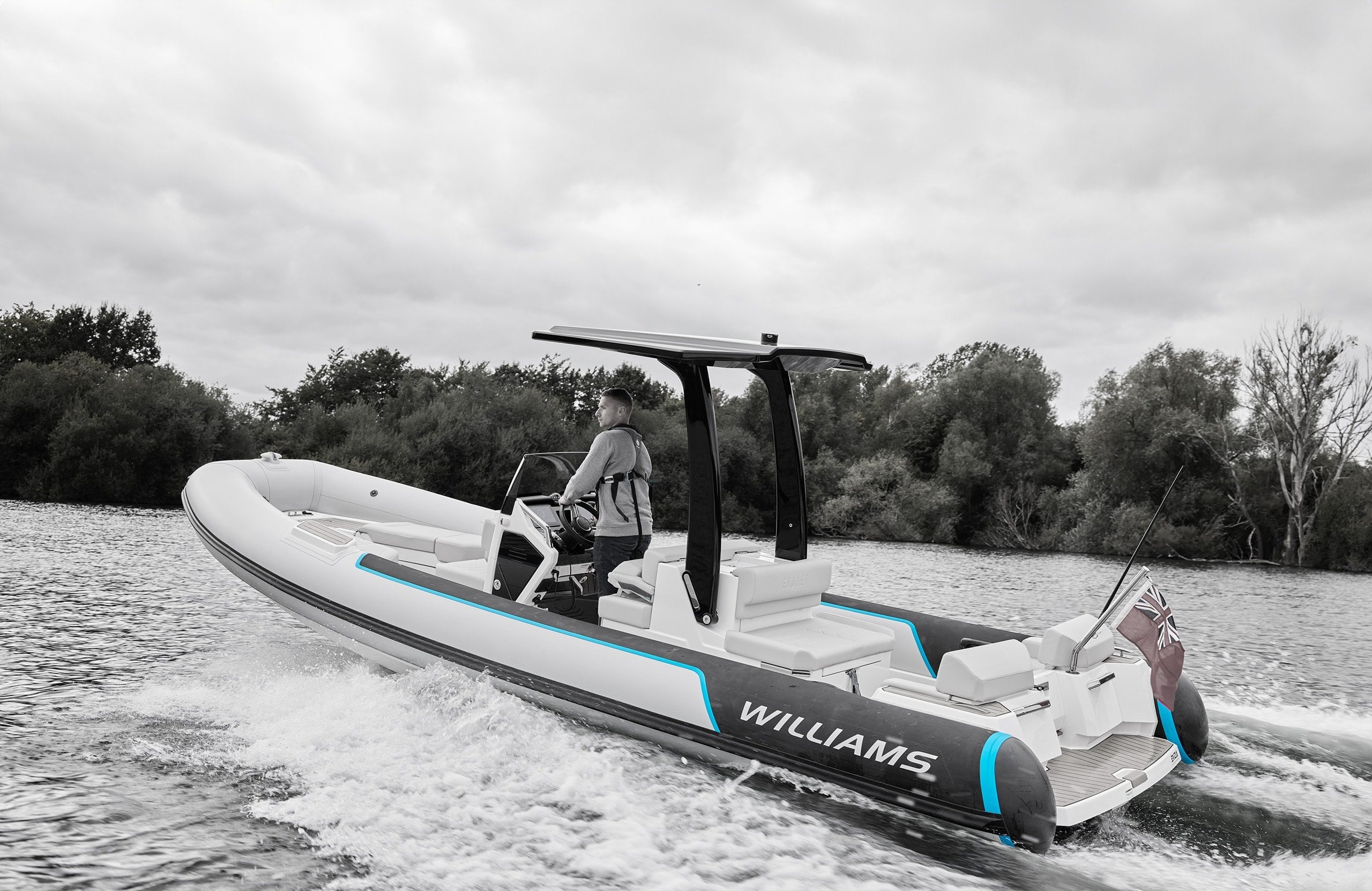 Williams Electric EvoJet 70e superyacht tender hero shot on open water