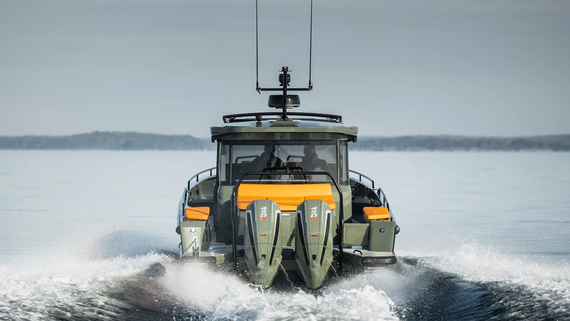 BRABUS Shadow 900 XC Cross Cabin Stealth Green underway at high speed, bow lifted