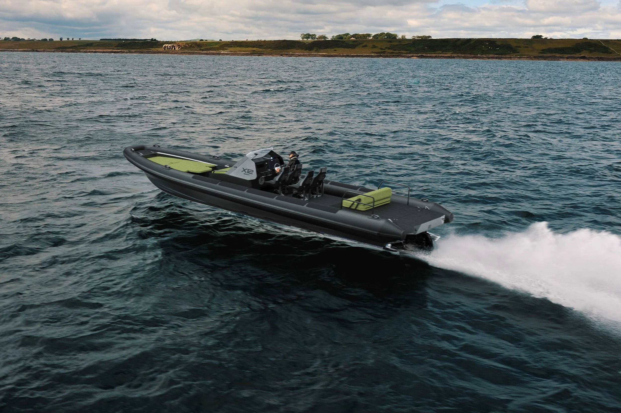 Goldfish X12 Scout underway on open water, showing the open deck and hard top in action